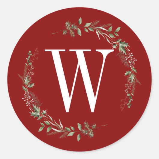 Elegant Red Christmas Greenery Monogram Wreath Runder Aufkleber (Vorderseite)