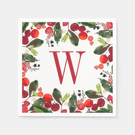 Elegant Red Christmas Greenery Monogram Wreath Serviette (Vorderseite)