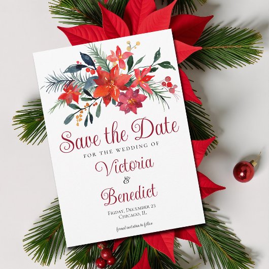 Elegant Red Christmas Poinsettia Save the Date Einladung