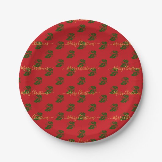 Elegant Red Custom Christmas Holly Pappteller (Vorderseite)