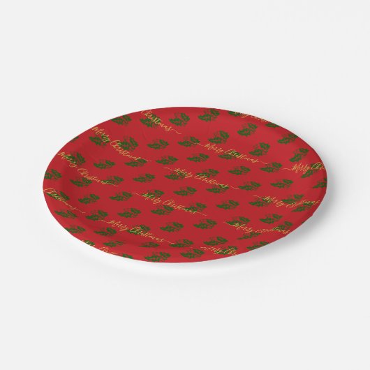 Elegant Red Custom Christmas Holly Pappteller (Schrägansicht)
