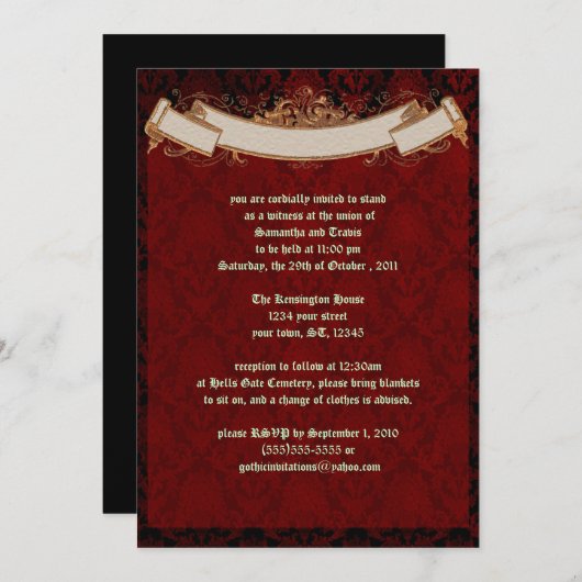 Elegant Red Damask Goth Wedding Einladung (Vorne/Hinten)
