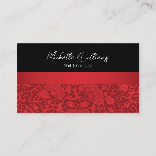 Elegant Red Damask Nageltechniker Visitenkarte (Vorderseite)