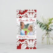 Elegant Red Damask Save the DateYour Photo Date (Stehend Vorderseite)