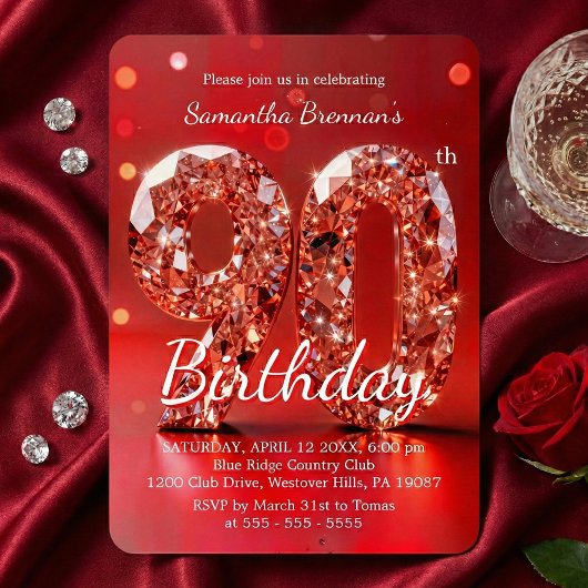 Elegant Red Diamond Gemstone Glamour 90th Party Einladung