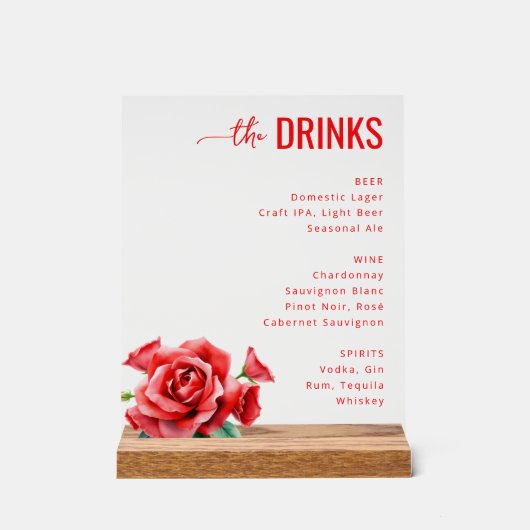 Elegant Red Floral Beverage Menu Acrylschild (Vorderseite)
