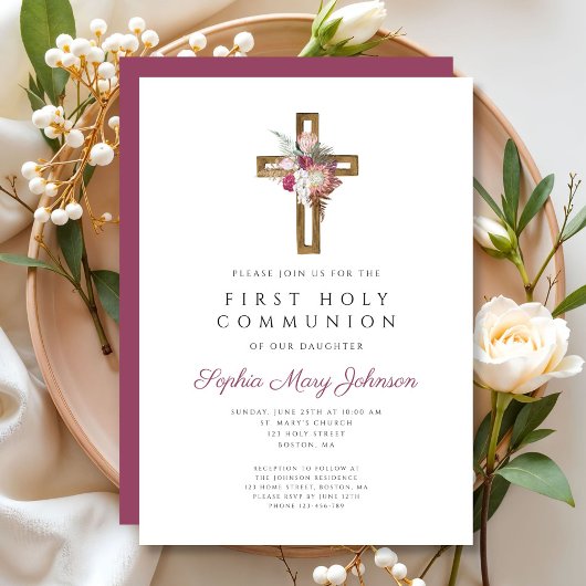 Elegant Red Floral Boho Cross Erste Kommune Einladung