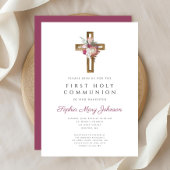 Elegant Red Floral Boho Cross Erste Kommune Einladung