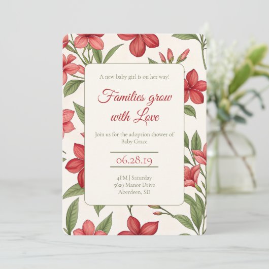 Elegant Red Floral Botanical Adoption Shower Einladung (Stehend Vorderseite)