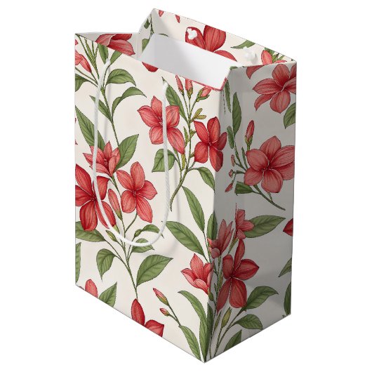 Elegant Red Floral Botanical Blooms Mittlere Geschenktüte (Rückseite Schrägansicht)