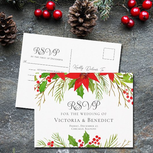 Elegant Red Floral Christmas Wedding RSVP Postkarte