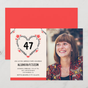 Elegant Red Floral Heart für ihren 47. Geburtstag Einladung