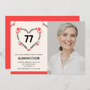 Elegant Red Floral Heart für ihren 77. Geburtstag Einladung