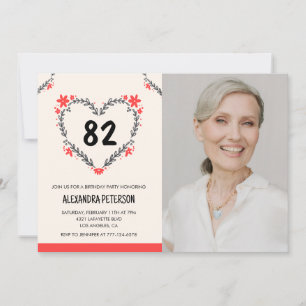 Elegant Red Floral Heart für ihren 82. Geburtstag Einladung