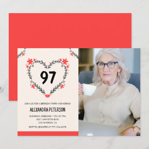 Elegant Red Floral Heart für ihren 97. Geburtstag Einladung