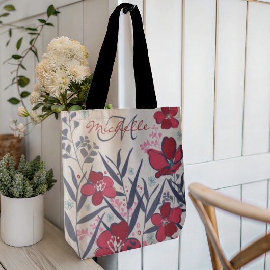 Elegant Red Floral Monogram Tasche