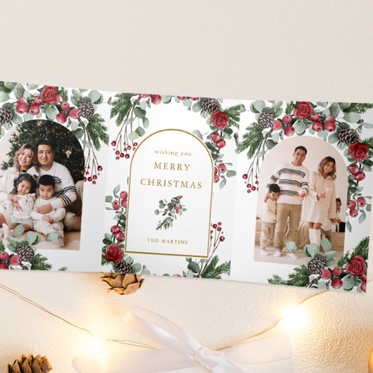 Elegant Red Floral Photo Christmas Dreifach Gefaltete Urlaubskarte