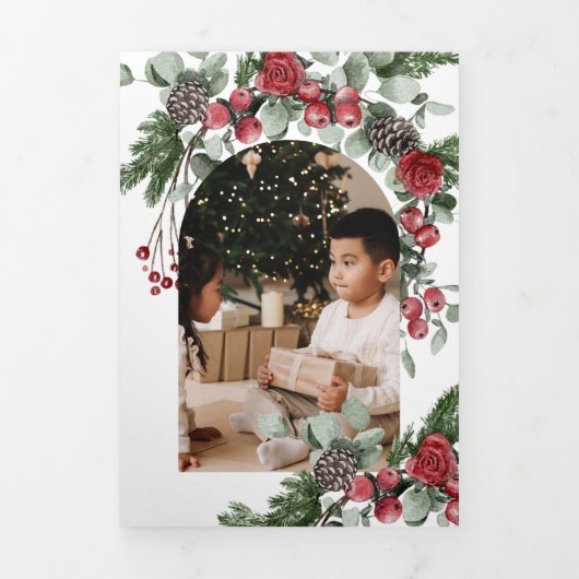 Elegant Red Floral Photo Christmas Dreifach Gefaltete Urlaubskarte (Cover)