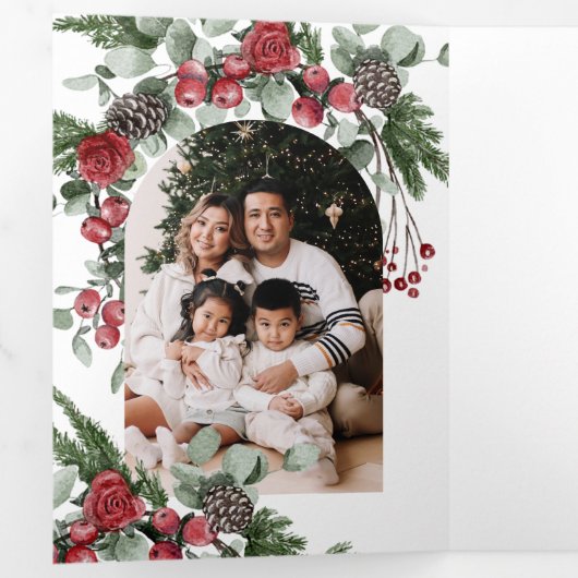 Elegant Red Floral Photo Christmas Dreifach Gefaltete Urlaubskarte (Innen Erste Seite)