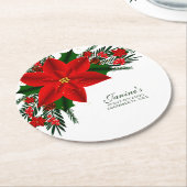 Elegant Red Floral Poinsettia Pine Greenerity Blät Runder Pappuntersetzer (Angewinkelt)
