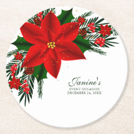 Elegant Red Floral Poinsettia Pine Greenerity Blät Runder Pappuntersetzer