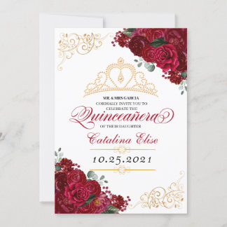 Elegant Red Floral Quinceanera Birthday Einladung