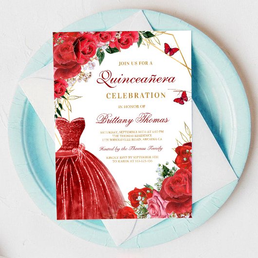 Elegant Red Floral Quinceañera Invitation Einladung
