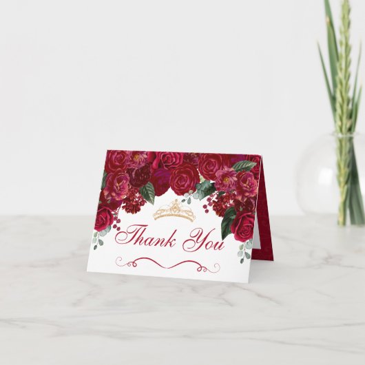 Elegant Red Floral Quinceanera Vielen Dank Einladung (Vorderseite)