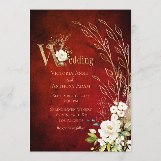 Elegant Red Floral Rustic Script Wedding Einladung (Vorderseite)