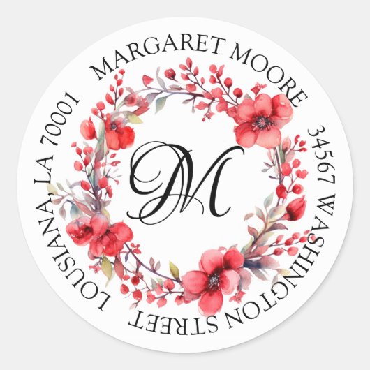 Elegant Red Floral Script Monogram Address Runder Aufkleber (Vorderseite)