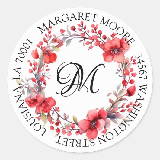 Elegant Red Floral Script Monogram Address Runder Aufkleber (Vorderseite)