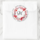 Elegant Red Floral Script Monogram Address Runder Aufkleber (Tasche)