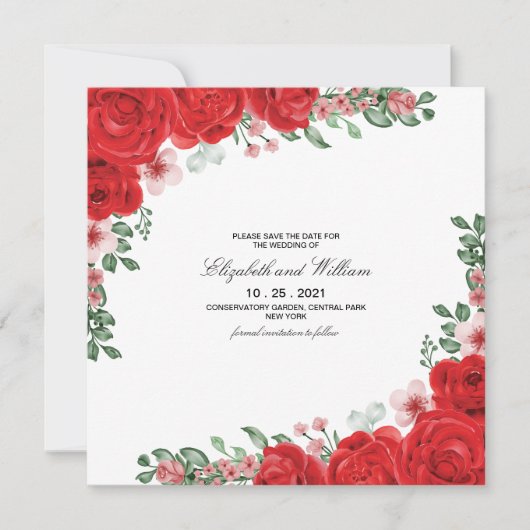 Elegant Red Floral Wedding speichern das Datum Ein Einladung (Vorderseite)
