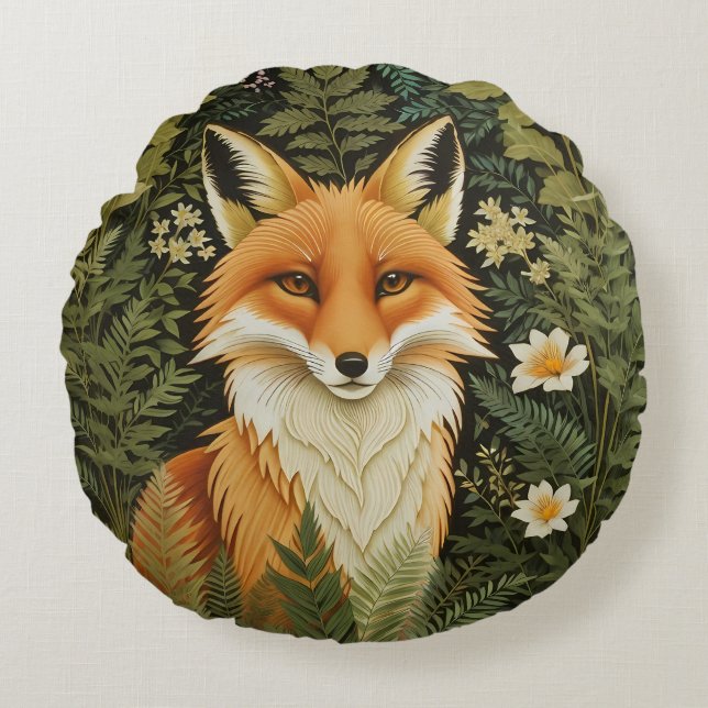 Elegant Red Fox And Green Foliage Rundes Kissen (Vorderseite)
