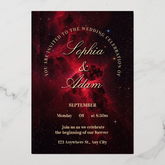 Elegant Red Galaxy Wedding Invitation Folieneinladung (Vorderseite)