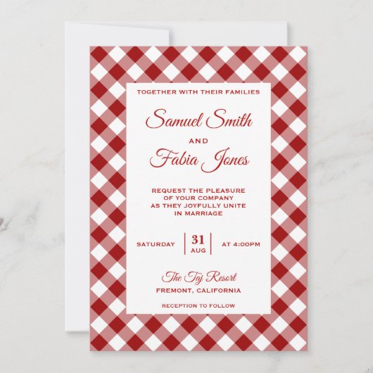 Elegant Red Gingham Pattern Wedding Einladung (Vorderseite)