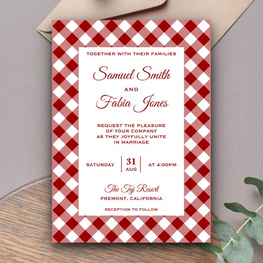 Elegant Red Gingham Pattern Wedding Einladung