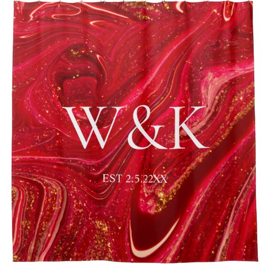 Elegant Red Glitter Initial Wedding Couple  Duschvorhang (Vorderseite)