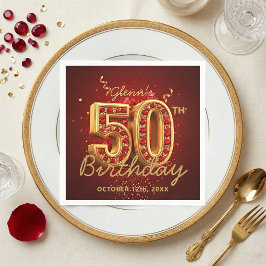 Elegant Red Gold 50th Birthday Party Glam Serviette