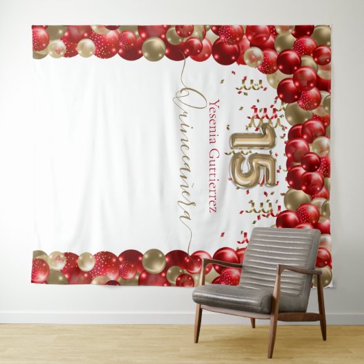 Elegant Red Gold Balloon Arch Quinceanera Wandteppich (Beispiel (Horizontal))