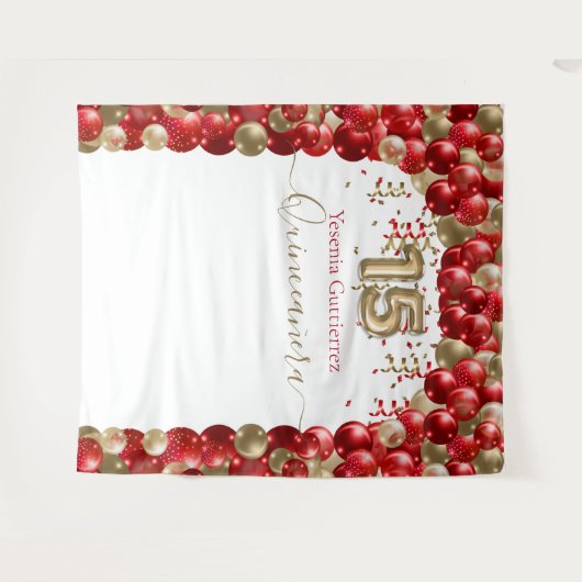 Elegant Red Gold Balloon Arch Quinceanera Wandteppich (Vorderseite (Horizontal))