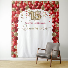 Elegant Red Gold Balloon Arch Quinceanera Wandteppich