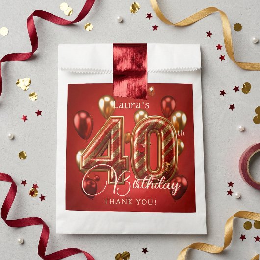 Elegant Red Gold Balloons 40th Birthday Thank You Geschenktütchen