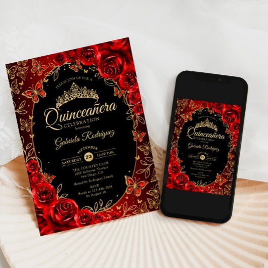 Elegant Red Gold Black Quinceanera Einladung