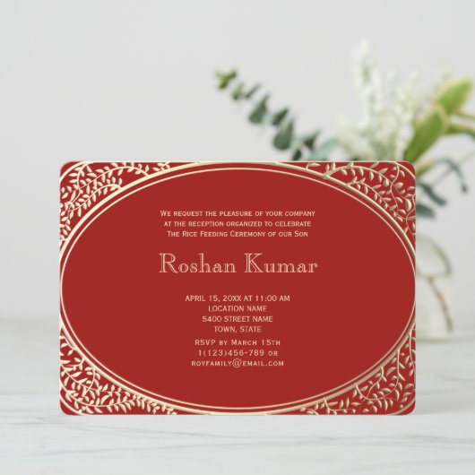 Elegant Red Gold Boy Annaprashan Einladung (Stehend Vorderseite)