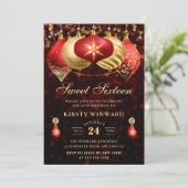 Elegant Red & Gold Christmas Baubles Sweet 16 Einladung (Stehend Vorderseite)