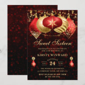 Elegant Red & Gold Christmas Baubles Sweet 16 Einladung (Vorne/Hinten)
