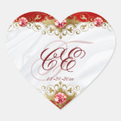 Elegant Red Gold Filigree Wedding Monogram Herz-Aufkleber (Vorderseite)