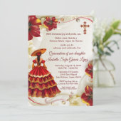 Elegant Red Gold Floral Charra Quinceanera Einladung (Stehend Vorderseite)