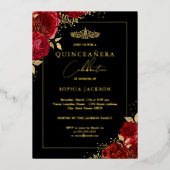 Elegant Red Gold Floral Tiara Quinceanera Folieneinladung (Vorderseite)